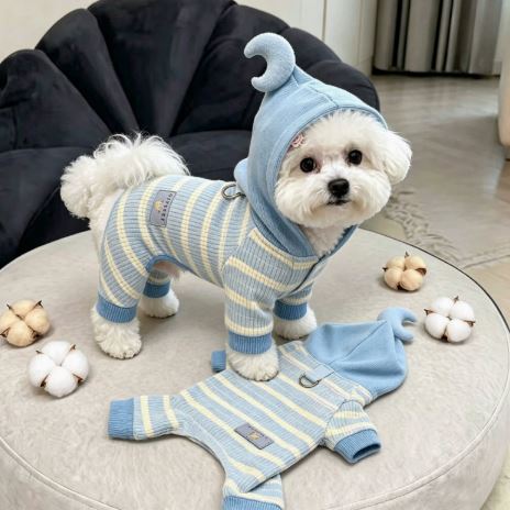 XC-3 Striped Cotton Hooded Dog Jumpsuit on a pet