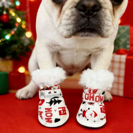 XC18 Christmas Fleece-Cuff Dog Boots on a pet