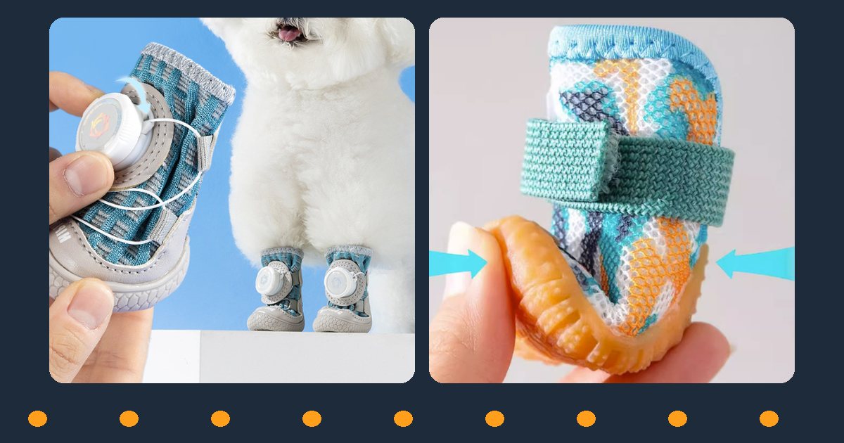 Hand holding a small dog shoe next to a paw to check the fit