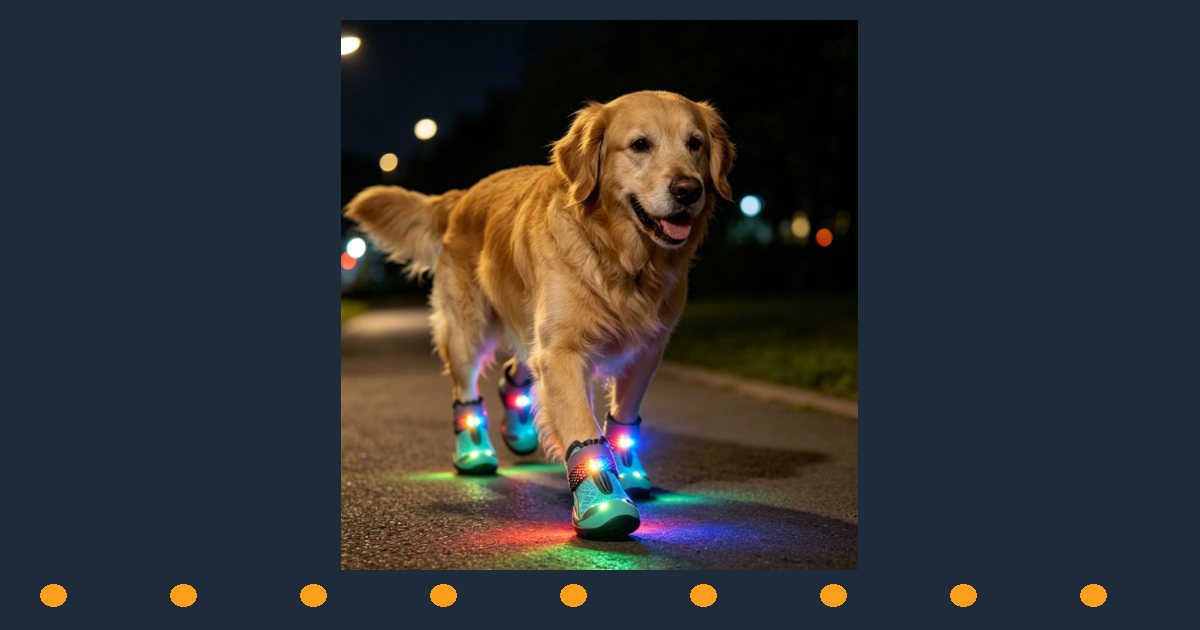 Golden retriever walking at night in glowing LED dog shoes